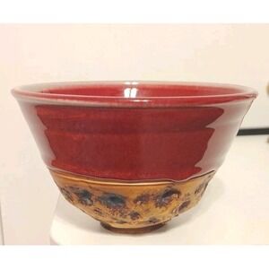 Signed Pottery Bowl Unique Rich Orange Red Bowl w Artistic Indentions At Base